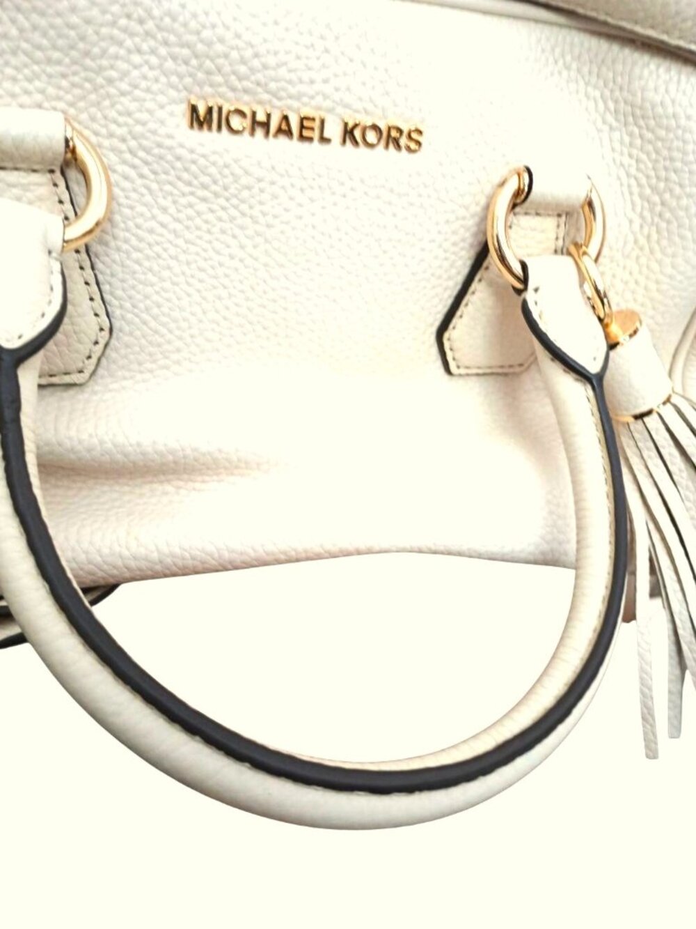 NEW Michael Kors Bedford Satchel Purse Medium Ecru Off White Zip Tassel Leather - Picture 2 of 8
